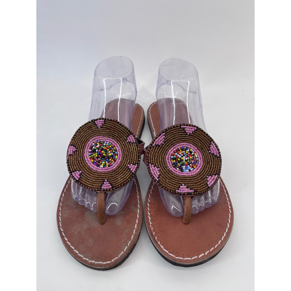 Handmade Leather Beaded Maasai Sandals Brown Pink Boho Thong Flat Shoes Womens 8